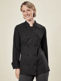 Kochjacke Damen Schwarz mit Stehkragen und figurbetontem Schnitt – moderne Berufsbekleidung für Köchinnen